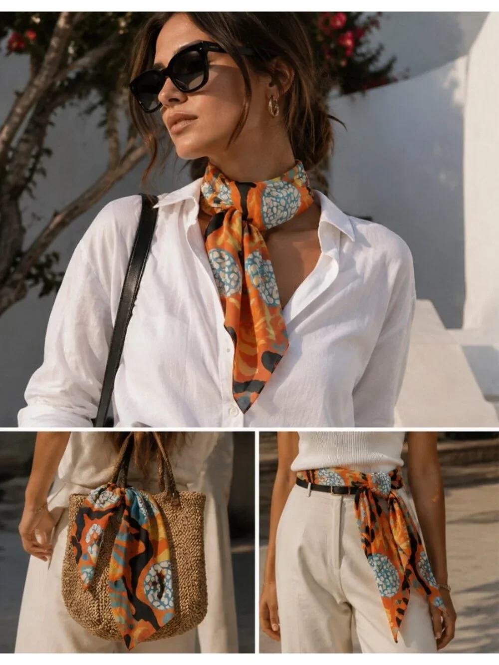 ELOI Abstract Art Scarf Orange Blue Green Cotton Silk Blend Statement Print